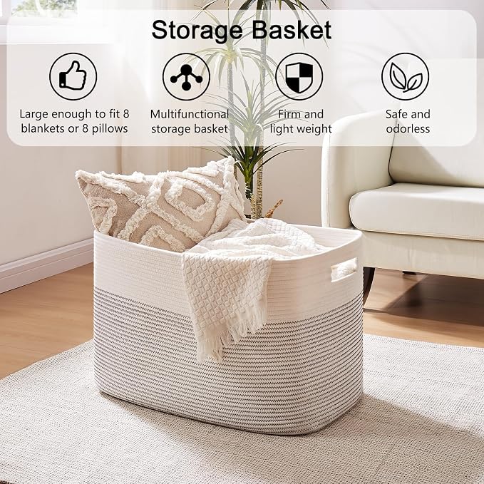 OIAHOMY 108L Extra Large Blanket Basket Dog Toy Basket Black/White | Rectangle Woven Baskets for Storage Cotton Rope Basket For Living Room Toy Storage Blanket Storage Laundry Basket