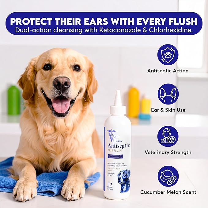 Vets Value Tris Flush Ear Cleaner for Dogs & Cats – 8oz Alcohol-Free, Non-Stinging Veterinary Ear Wash – Supports Routine Ear Hygiene, Odor Control, Gentle Formula – Made in USA