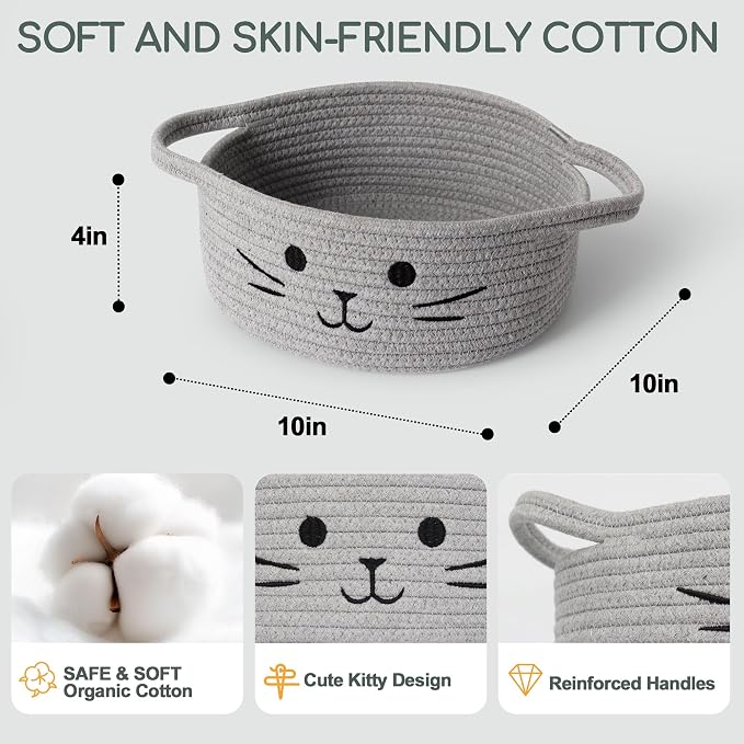 Small Cat Toy Basket, 10”x10”x4” Gray Cotton Rope Storage Bin with Handles, Woven Cat Organizer Box for Indoor Pets, Cute Kitty Easter Basket Gifts Empty, Living Room Nursery Decor