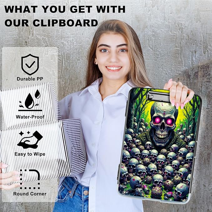 A4 Clipboard with Storage Pen Holder, Clipboards Organizer Nursing Clipboard Foldable File Folder Plastic Clipboard Folio Clip Board for Office Work Classroom Doctor, Forest Skull