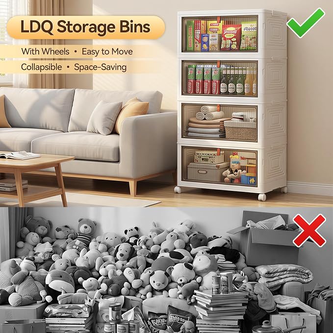 LDQ 136Qt Large Storage Bins with Lids, 4 Tier Stackable Storage Cabinet with Wheels & Clear Doors, Foldable Plastic Closet Organizer for Bedroom, Bathroom & Kitchen