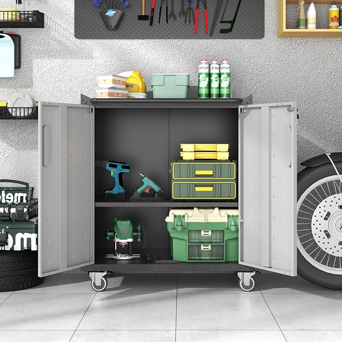Metal Storage Cabinet for Garage, Tool Cabinet, Utility Cabinet | Wheeled, Rolling Tool Cabinet, Lockable, 2 Doors, Adjustable Shelves, Top Countertop, Assembly Required, Black & Grey