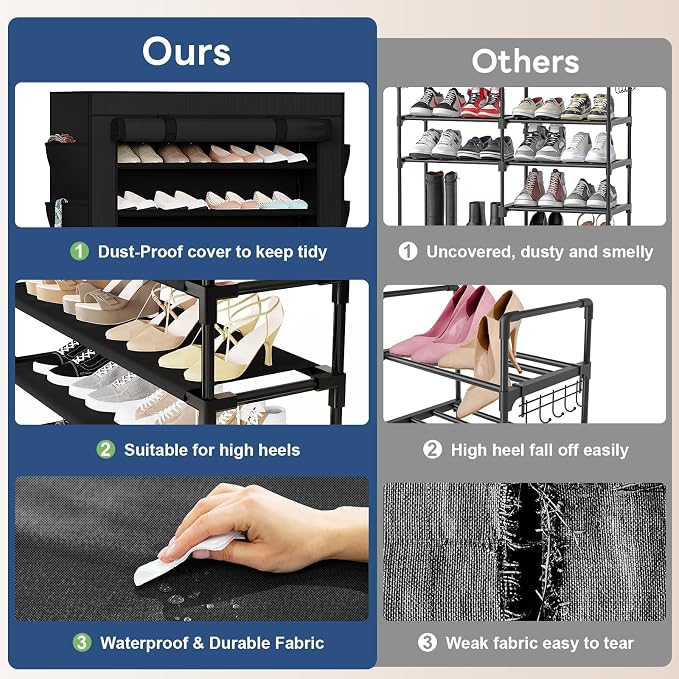Mavivegue Shoe Rack with Cover, 10+1 Tier Tall Shoe Storage | for 50-55 Pairs of Shoes, Shoe Organizer for Entryway, Closet