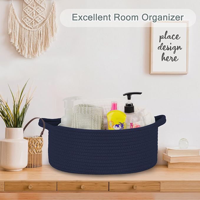 COMSE Empty Small Gift Basket with Bag & Ribbons, Navy Blue | Cotton Rope, 12"x 8"x 5", Baby Toy Organizer, Stores Small Items for Bedrooms, Nurseries, Bathrooms, Living Rooms, Offices