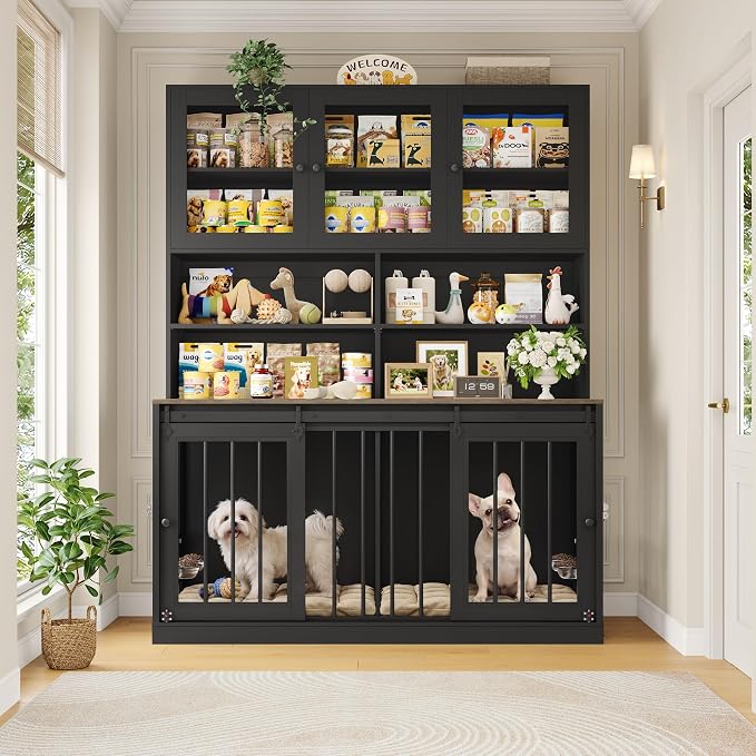 HOSTACK 71" Tall Dog Crate Furniture, Indoor Dog Kennel with Storage, Black | Removable Room Divider, 4 feeding bowls, Adjustable Shelves, Metal Lock & Spring Latch, Farmhouse Pet House for XL/XXL Dogs