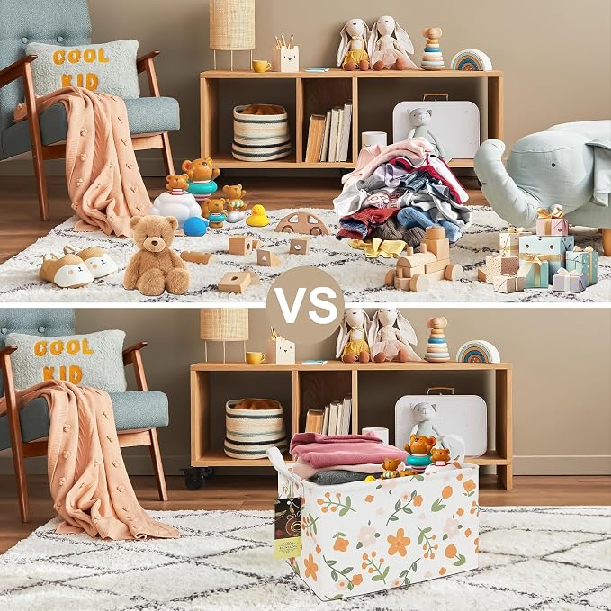 Rectangle Foldable Storage Basket Handles For Home, Orange Flower | Waterproof canvas material, reinforced handles, perfect for shelf use, organizes clothes, daily items and pet supplies