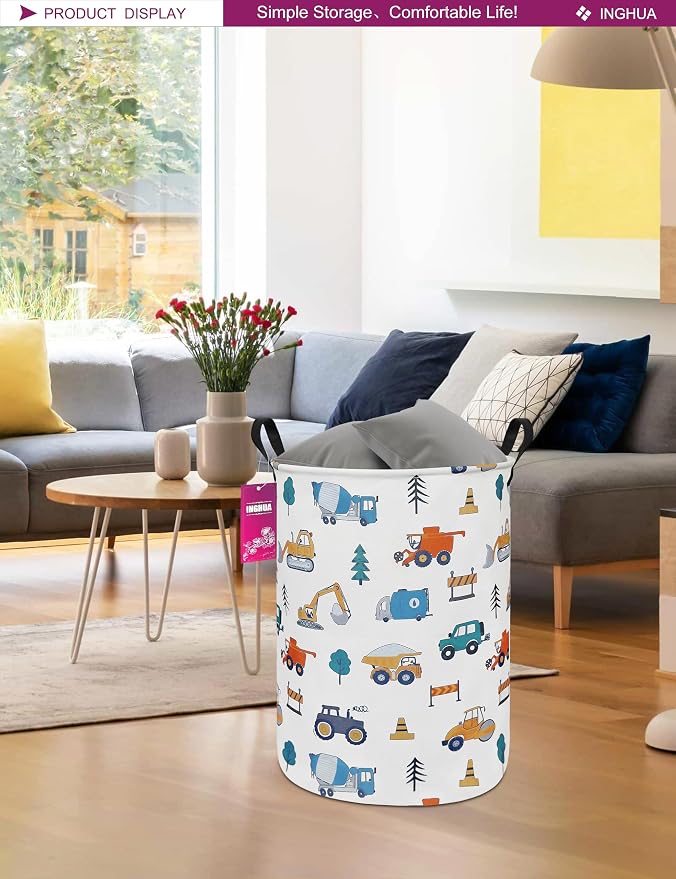 Laundry Hamper Large Canvas Fabric Storage Basket Vehicles | Organizer Bin Dirty Clothes Collapsible Waterproof for College Dorms, Boys and Girls Bedroom,Bathroom