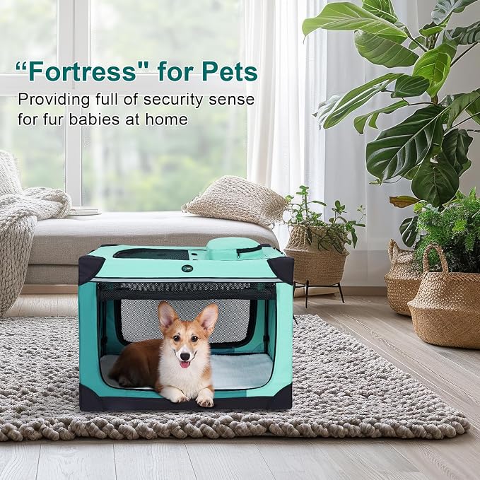 Ownpets Collapsible Travel Dog Crate for Large Dogs, 30x21x21 inches, Green | Foldable, Portable, 4-Doors, 4-Side Mesh Windows, Steel Frame Oxford Cloth, Soft Cushion Mat, Leash, Easy Setup