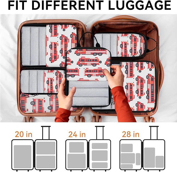 Fire Trucks Compression Packing Cubes Car 6 Set Travel Packing Cubes for Suitcases Lightweight Expandable Organizers