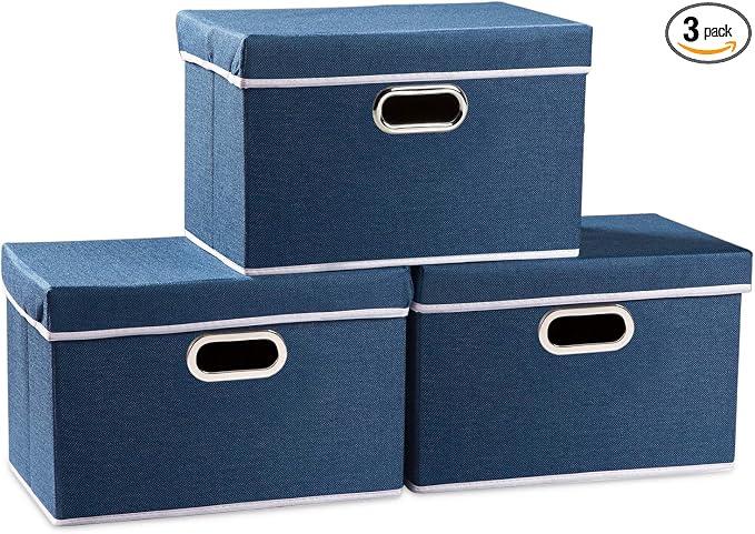 Collapsible Storage Bin with Lid [3-Pack] Fabric Foldable Storage Box Organizer Container Basket Cube with Cover for Home Bedroom Closet Office Nursery Royal Blue(14.9x9.8x9.8)