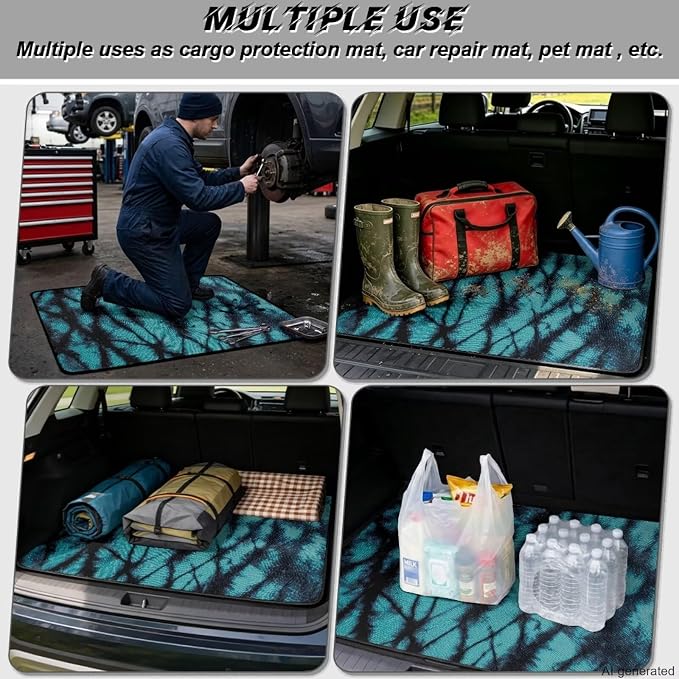 Howilath Heavy Duty Car Trunk Mat Non-Slip & Dustproof Teal Tie Dye Rear Trunk Protection with Anti-Slip Backing Auto Interior Accessory
