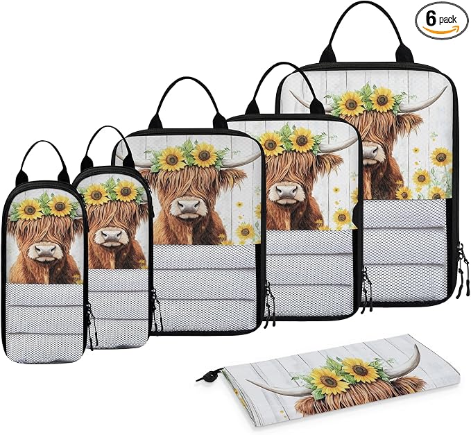 Highland Cow 6 Set Compression Packing Cubes Funny Cattle Bull Cow Expandable Packing Organizer for Travel Accessories Luggage Suitcase Bag