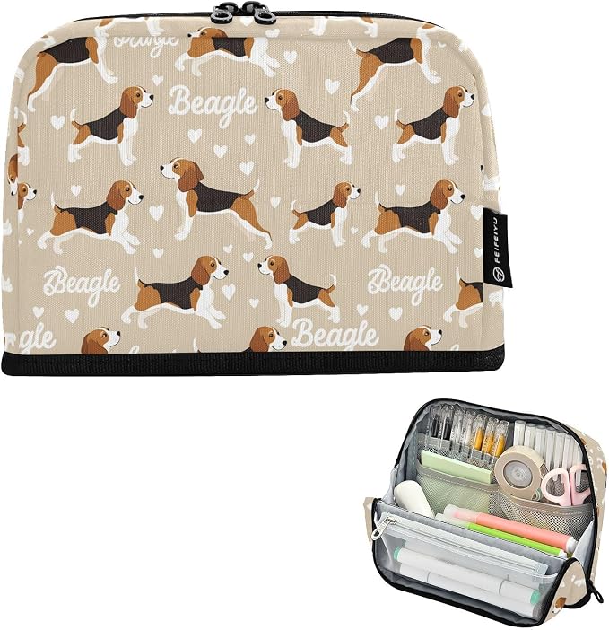 Aslsiy Large Capacity Pencil Case Cute Beagle Dog Puppy Pet Pencil Pouch for Boys Girls Portable Pen Bag Organizer Standing Makeup Bag for School Office Supplies