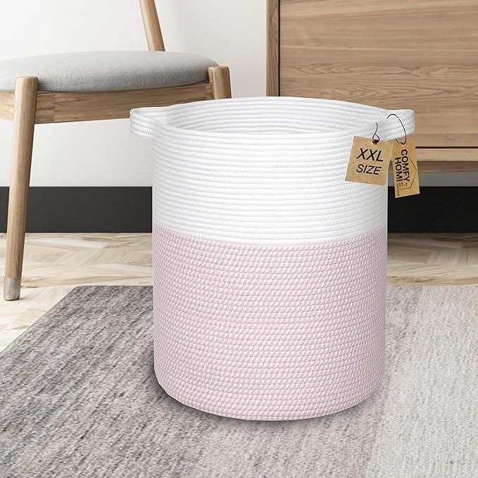 COMFY-HOMI XXL Large Laundry Basket with Handles Blanket Baskets Living Room|Woven Cotton Rope Decorative Basket Laundry Hamper Baby Basket Nursery Dog Toy Storage Organizer Bin-16”x18”-White/Pink
