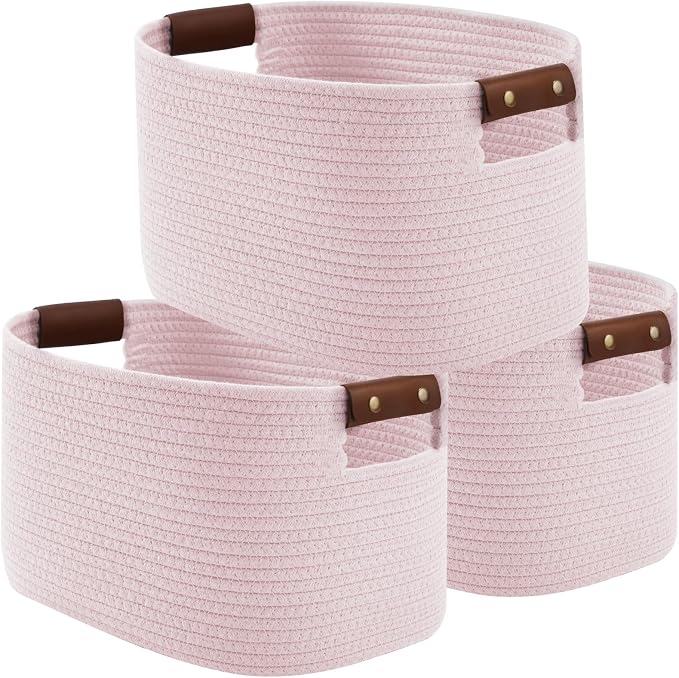 ECDYQXVU 15x10x9 Woven Cotton Rope Storage Basket, Leather Handles 3 Pack | Foldable Design, Sturdy PU Handles, Easy to Clean Organizer for Living Room, Closet, Shelves, Bedroom, Laundry, Clothes