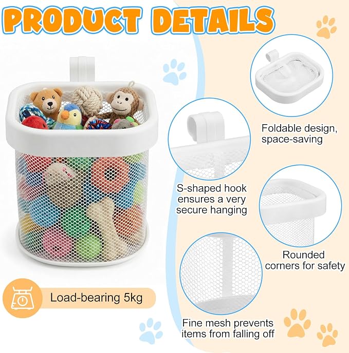 Sliner 4 Pack Dog Crate Hanging Storage Baskets Pet Fence Organizer for Toys Treats Leashes, Hook-On Mesh Basket for Indoor Outdoor Space Saving