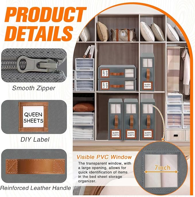 GhvyenntteS 12 Pack Bed Sheet Organizers and Storage, Sturdy Bed Sheet Organizer with Zipper and Handle, Foldable Linen Closet Organizers and Storage with Window and Label, Grey