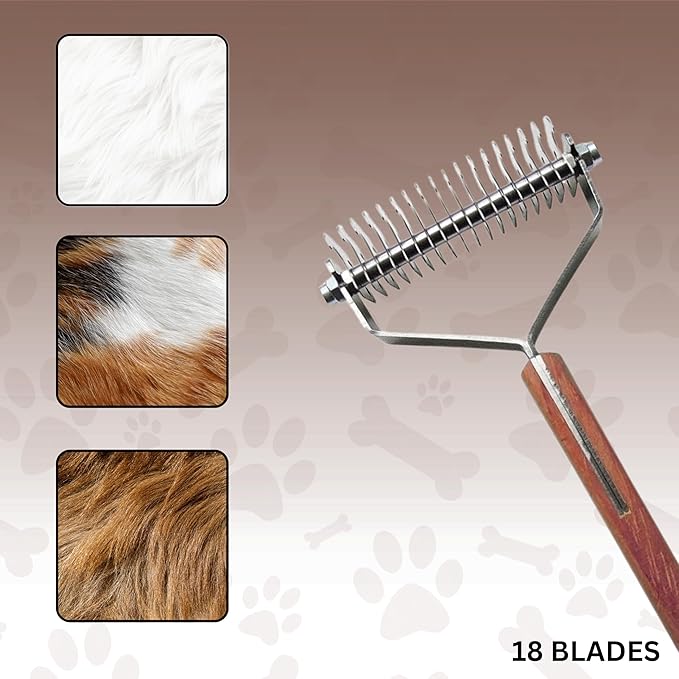 Undercoat Dematting Rake for Dogs & Cats – Grooming Tool with Stainless Steel Teeth & Wood Handle – Undercoat Remover for Thick & Matted Pet Fur (18 Blades)