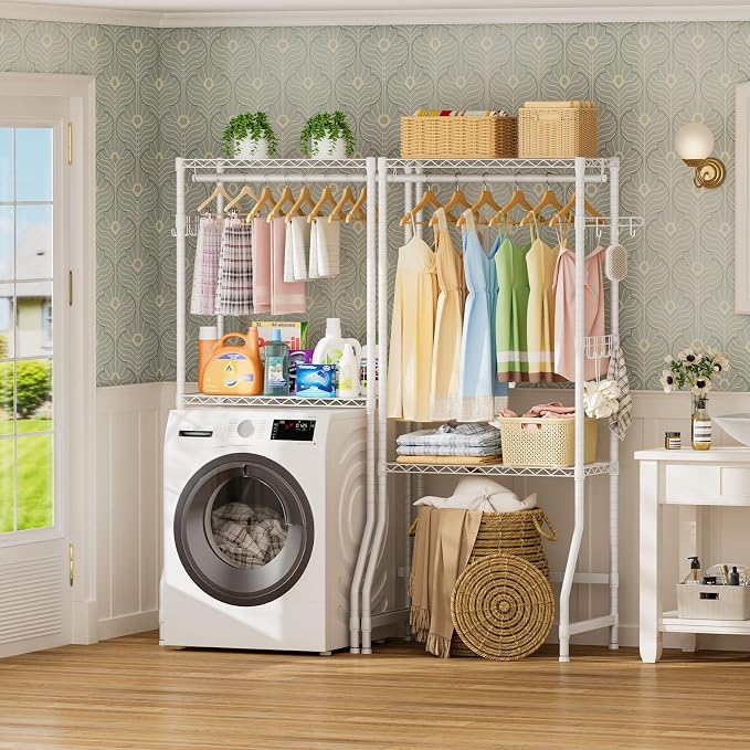 Golpart Laundry Organizer Shelves Over the Washer and Dryer Storage Shelf | Heavy Duty Laundry Room Organization Clothes Drying Rack Adjustable Height Wire Shelving and Wire Basket with Hanger Rod