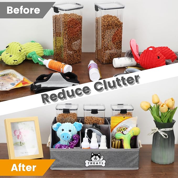 Dog Treat Storage Organizer for Countertop with Fabric Handle and Dividers | Collapsible Dog Treat Container for Living Room Area, Trapezoid Storage Basket for Pet Supplies with Adjustable Dividers