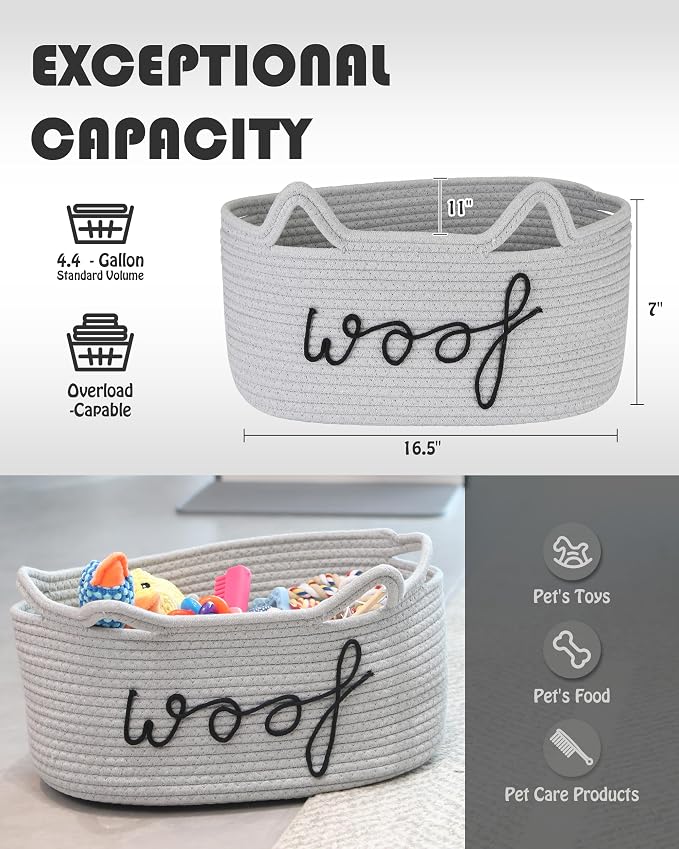 Sea Team Dog Toy Storage Basket with Handles and Ears, Gray Woof | Large Cotton Rope Storage Bin, Shelf Basket, Organizer for Pet Chew Toys, Foods, 16.5 x 11 x 7 Inches, 4.4 Gallons