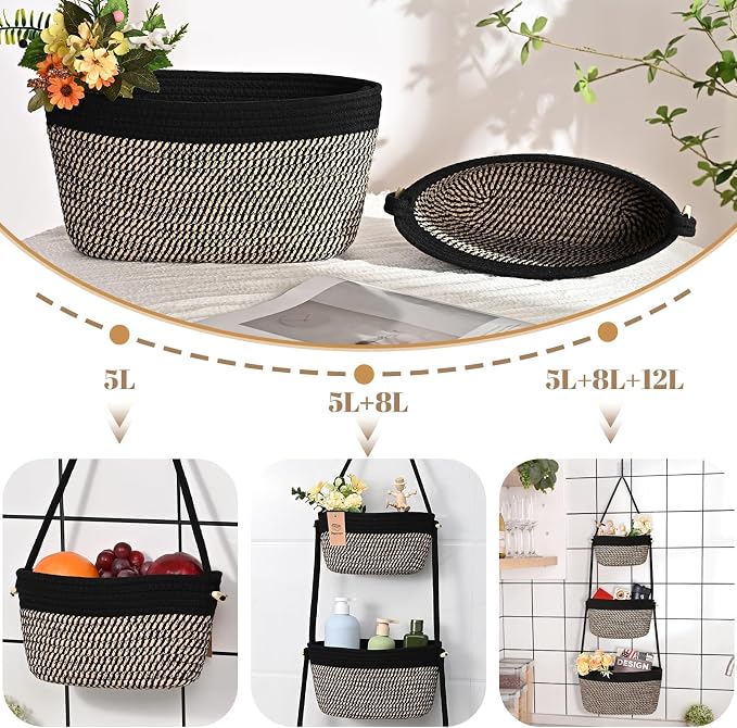 Hanging Basket, 3-Tier Woven Wall Basket with 4 Hooks, Cotton Rope Storage Baskets, Over the Door Organizer for Nursery, Bedroom, Cottage and Boho Wall Decor