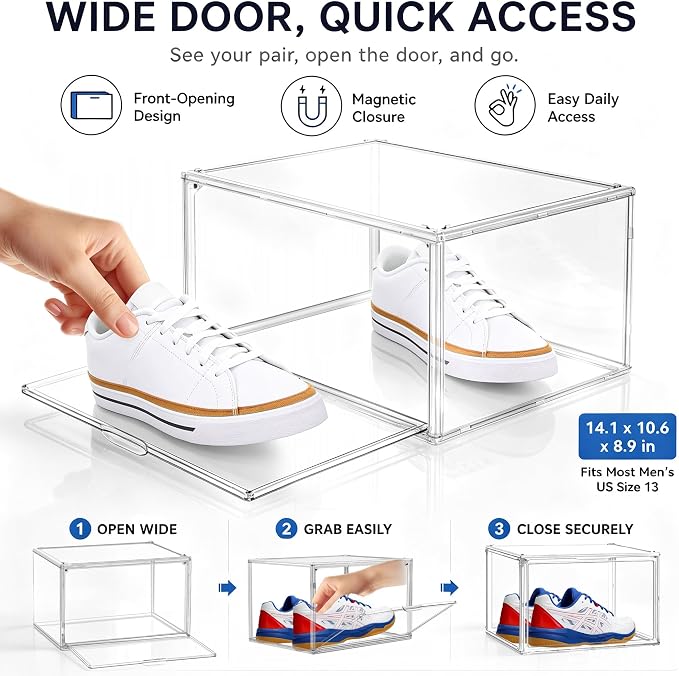 9 Pack Clear Acrylic Shoe Sneaker Boxes Fits Size 13, Wide Magnetic Door | Stackable shoe showcase for sneakers, high tops, large shoes, shoe collection display storage. Exterior 14.1 x 10.6 x 8.9 in