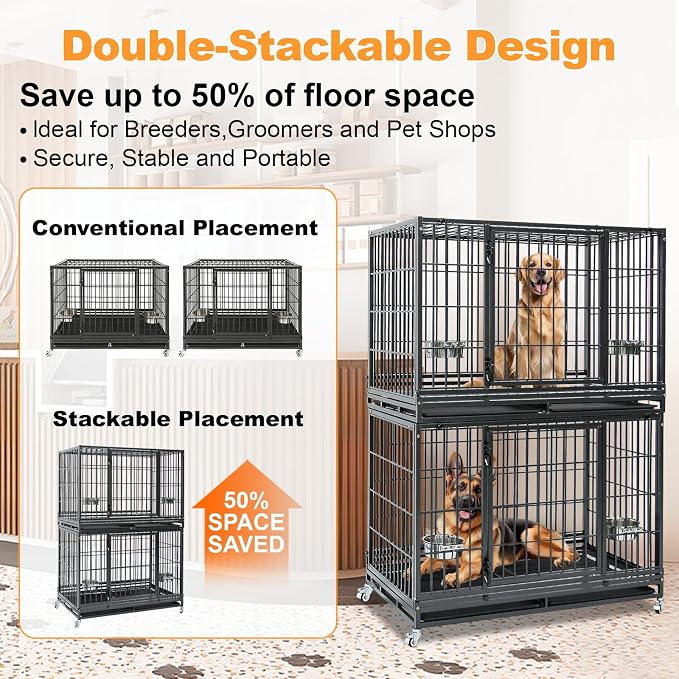 Homey Pet Large Dog Crates for Large Dogs, 47 Inch Heavy Duty Stackable Dog Cage with 2 Bowls, 4 Wheels, Double Removable Trays and Grids, Escape Proof Metal Wire Dogs Kennel Indoor