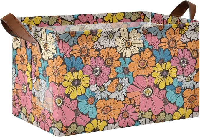 Retro Groovy Daisy Flower Storage Bins for Shelves with Labels&Handles Fabric Organizer Bin Vintage Floral Foldable Rectangle Storage Basket Orange Hippie Boxes for Closet, Home, Living Room, Laundry
