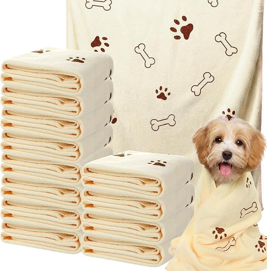 Irenare 12 Pack Dog Bath Towel Set 20'' x 39'' Microfiber Towels for Drying Dogs, Dog Drying Grooming Towel Absorbent Quick Soft Cat Shower Essential for Small Medium Puppy Pet (Beige)