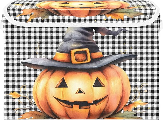 Halloween Pumpkin Fabric Storage Bins with Lid Closet Storage Basket 40L | Decorative Storage Boxes, Foldable & Stackable, Dust-Proof Flip Top, Reinforced Handles, For Home & Dorm, Clothes & Toy Box