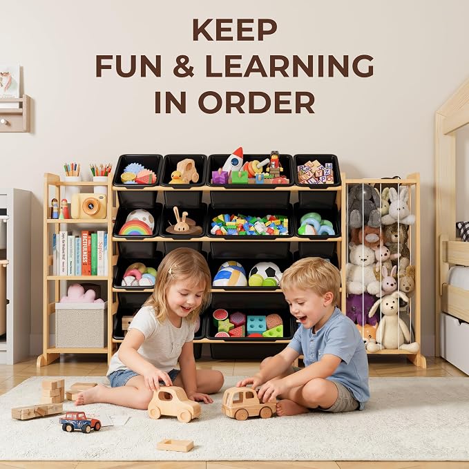 Toy Storage Organizer with Bookshelf and Stuffed Animal Storage - Kids Playroom Organization with Shelves and 16 Toy Bins - Toddler Living Room Toy Box for Lego - Nursery Bedroom Decor Essential
