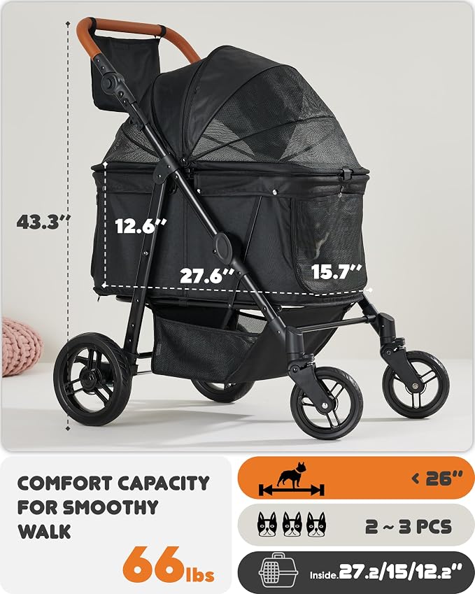 Zoosky Medium Dog Stroller for Large Dogs, Pet Stroller, Up to 66lbs | All-Terrain 360° Swivel Wheels & Adjustable Handle & 180° Dual-Open Canopy, Sun Shades, Storage Organizer, Waterproof Oxford