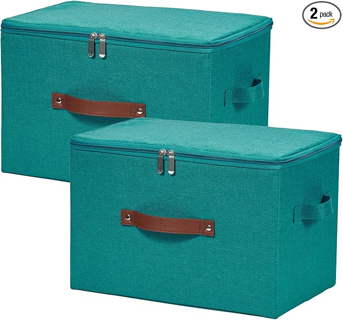 2PCS Storage Bins with Zipper Lids Decorative Lidded Basket Box | Clothes Container, Closet Shelf Organizer, Foldable Washable, Cotton Linen Fabric, w/ PU Leather Handles, Teal Blue, Large