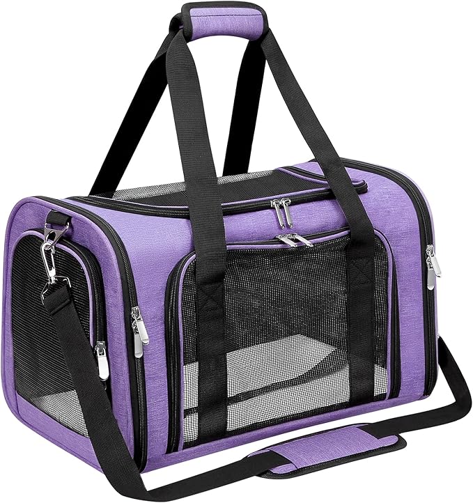 Soft-Sided Cat/Dog/Pet Carrier, Collapsible Pets Travel Carriers | For Big Cats/Small Dogs with Shoulder Strap & Removable Mat, Mesh Puppy Carry Bag, Up to 25 Lbs, TSA Airline Approved(Purple)