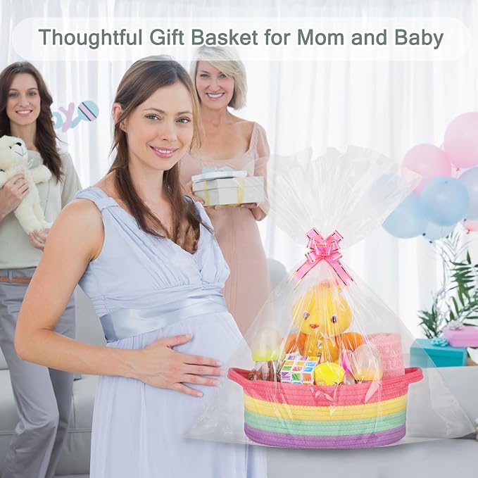 COMSE Empty Small Gift Basket with Bag & Ribbons, Rainbow | Cotton Rope, 12"x 8"x 5", Baby Toy Organizer, Stores Small Items for Bedrooms, Nurseries, Bathrooms, Living Rooms, Offices