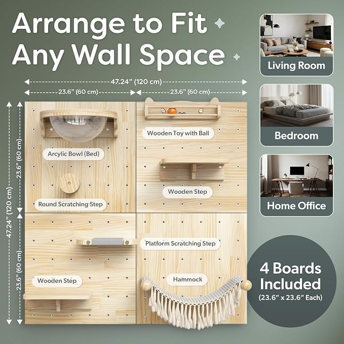 Ardilla & Co. Cat Wall Furniture – Wall-Mounted Modular Wooden Boards with 7 Moveable Accessories, Cat Wall Shelves, Hammock, Climber Steps, Perches, Walkways, Toy & Acrylic Bowl!