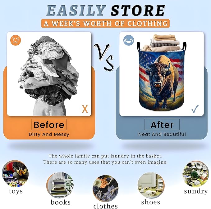 Patriotic Bison Laundry Basket, Wild Animal American Flag Storage Hamper, Round Collapsible Waterproof Cloth Bin, 19.7x15.7 Inch Rustic Clothes Organizer Gifts for Bathroom Decor