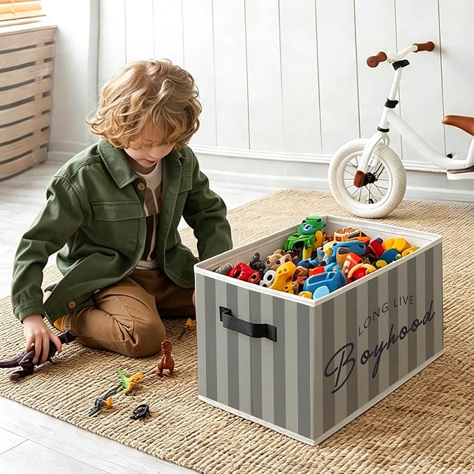 Boy Nursery Long Live Boyhood Foldable Storage Bins Box with Handles, Grey Striped Decorative Storage Boxes Baskets Toybox Organizer for Kids Boy Nursery Toddler Room Bedroom Playroom