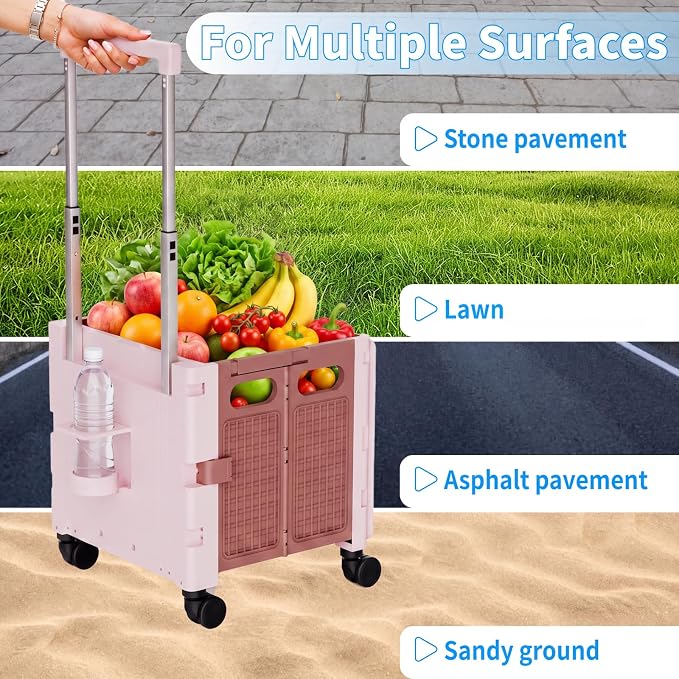 Foldable Shopping Cart with Wheels: Cat-Style Rolling Utility Crate | Adjustable Handle, Clear Window, All-Terrain Wheels, Grocery Trolley for Teacher, Market, Office, Luggage, Laundry, Garden