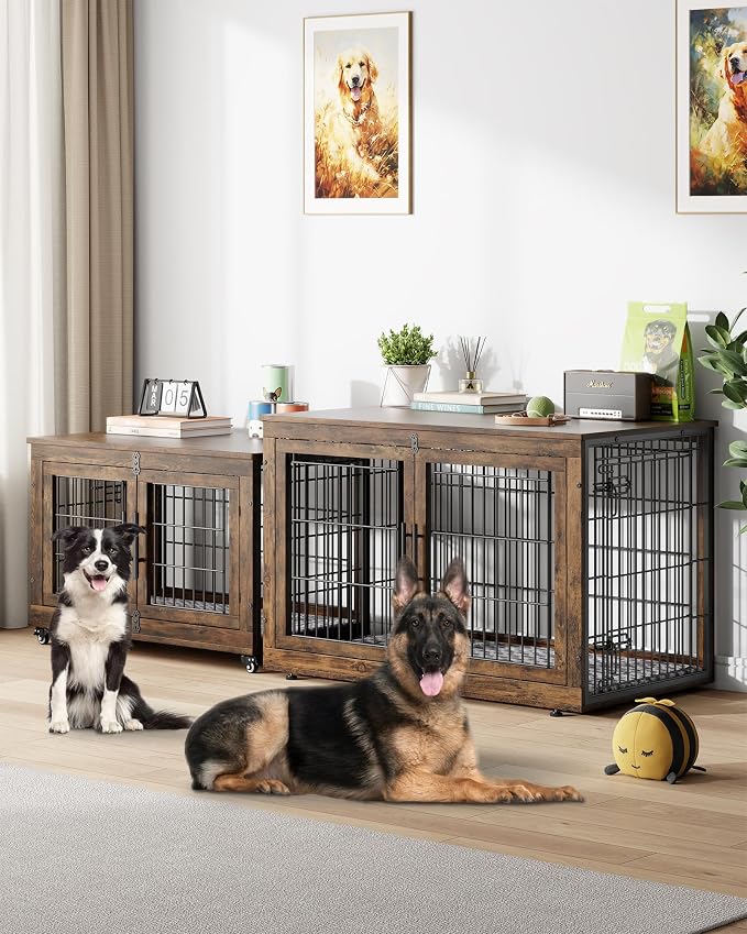 YaFiti Dog Crate Furniture, 44" Wooden Dog Kennel, 2 Pack, Rustic Brown | Cushion, Wheels, Double Doors, for Large Dogs, Up to 85 lb, Furniture Style, Side End Table, Decorative Pet Cage House