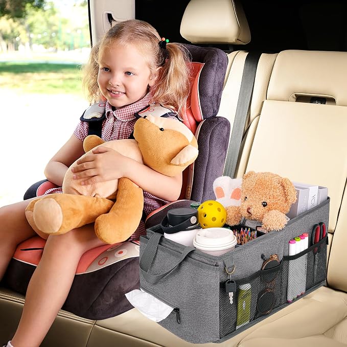 HEYSKAY Backseat Car Organizer Car Caddy Passenger Seat Organizer for Kids | Collapsible Small Car Storage, Console Front Seat Car Organizer for Truck, SUV and Minivan, Adjustable Compartment Space