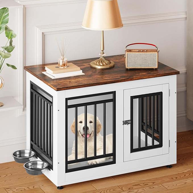 YITAHOME 28" Dog Crate Furniture, Wooden Side End Table with Adjustable Feet and Removable Bowls, Dog Kennel Indoor for Small Dogs | Wooden Side End Table, Dog Kennel Indoor for Small Dogs