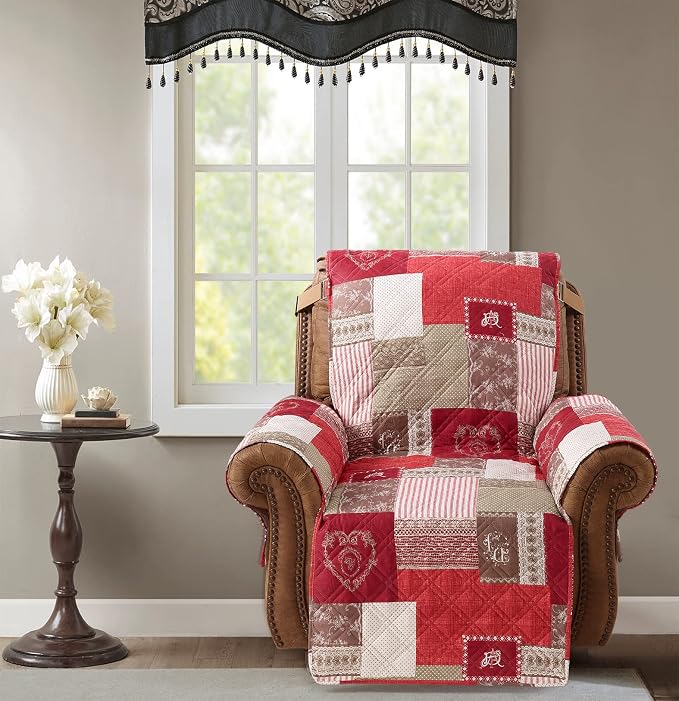 Brilliant Sunshine Burgundy Heart Love Couch Recliner Cover, 26" seat | Quilted Sofa Cover, Living Room & Bedroom Furniture Protector, Washable Reclining Chair Slipcover for Pets, Dogs & Cats