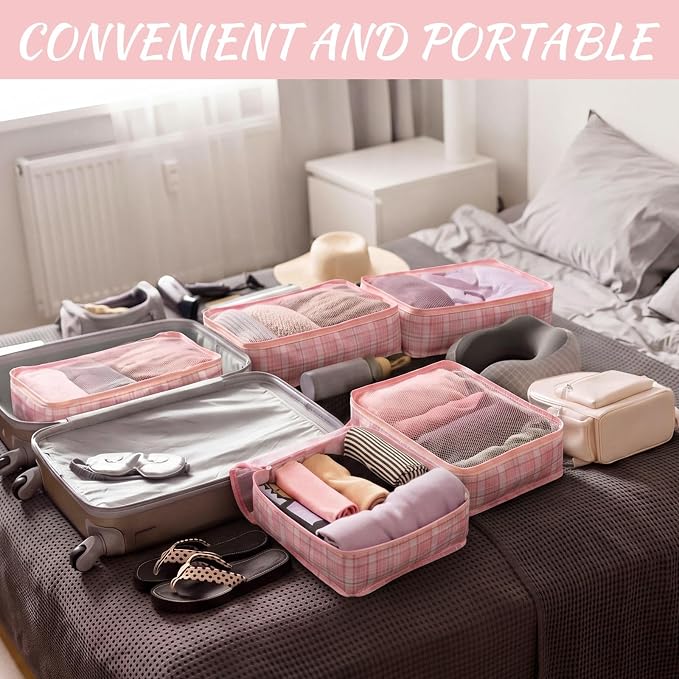Silkfly 8 Pcs XL Packing Cube for Travel Luggage,Plaid,Pink | 17.7 x 13 x 4.7, Same Size, Pink Plaid Suitcase Storage Organizer Set, Reusable Mesh Clothes Cube for Hiking Camp Family