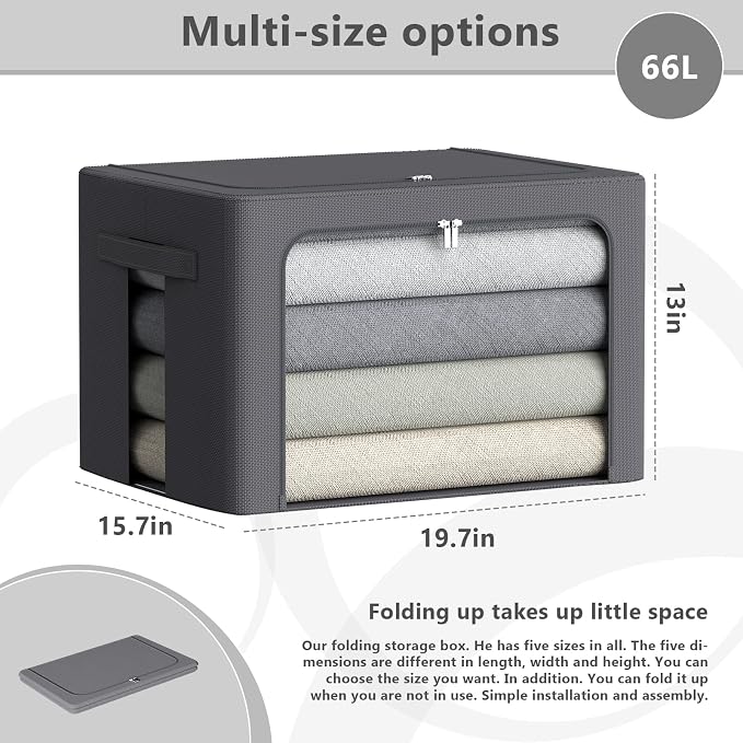 CYhom 3Pack Stackable Clothes Storage Bins - Oxford Frame Storage Box Foldable Clothing Storage Container Organizer Set with Clear Window & Carry Handles Large Capacity (Dark Gray, Large-66L)