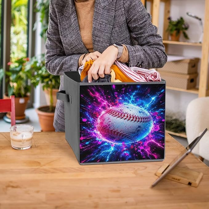 Galactic Baseball Energy Burst Storage Bin with Handles, Oxford Fabric Foldable Storage Cube Organizer for Clothes, Towels, Bedroom, Living Room, Home Organization