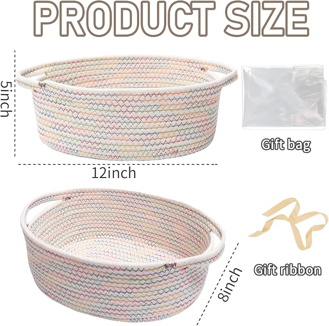 JMvicyroam Small Woven Basket, Empty Gift Basket, Colorful/2 Pack | Small Gift Basket, Cotton Rope, 12 x 8 x 49 in, Handles, Includes Ribbon and Bag, Birthday Gift Basket