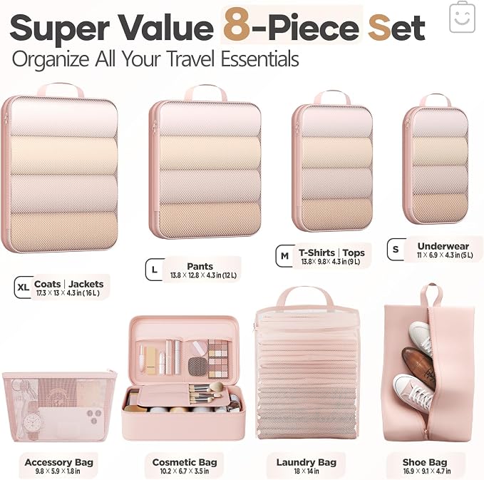 Veken 8 Set Compression Packing Cubes Garment Bags for Travel Essentials,Compressible Expandable Luggage Organizer Bags for Clothing,Space Saver Bags with Over 1000 pcs of Mesh Holes(Beige)
