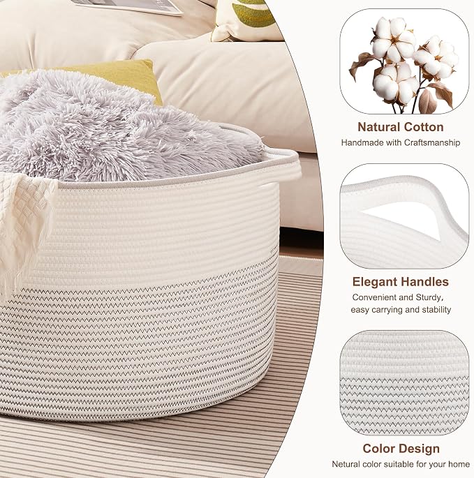 OIASKET Large Blanket Basket with Handles, 22.8" x 22.8" x 13" Woven Storage Basket for Living Room, Cotton Rope Baby Toy Storage for Clothes, Pillows, Towels-Black and White